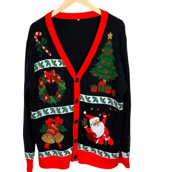 Men's Size XL Christmas Black and Red Cardigan Themed Pictures & Holly - Picture 2 of 9